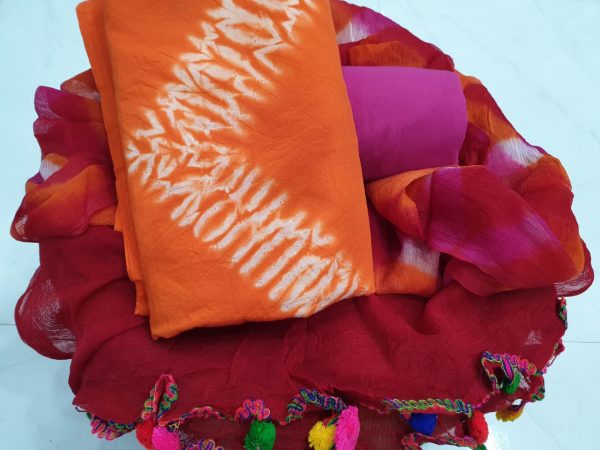 Orange casual wear shibori tei n dye print pompom cotton suit
