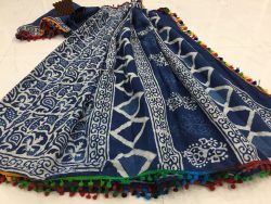 Natural indigo daily wear dabu print cotton mulmul pompom saree