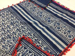 Natural indigo dabu strips print cotton mulmul pompom saree with blouse