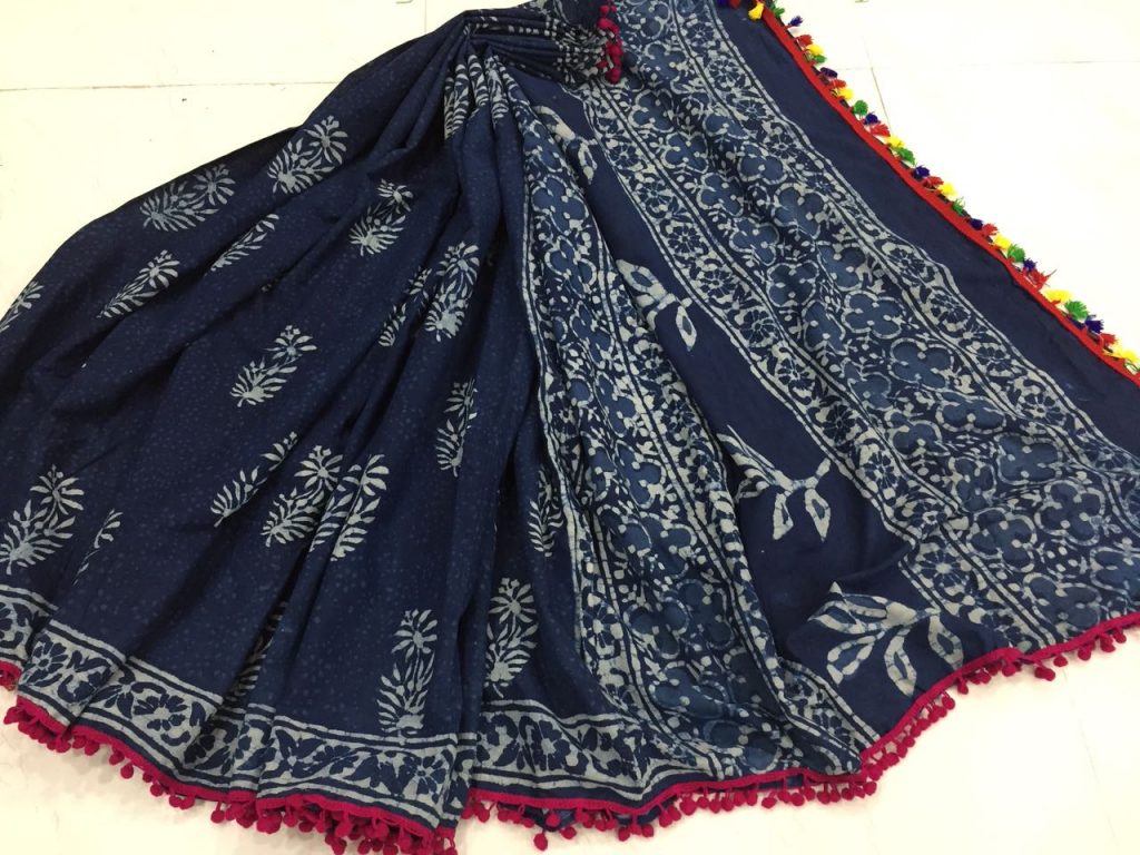 Natural indigo dabu mugal print pure cotton mulmul pompom saree with blouse