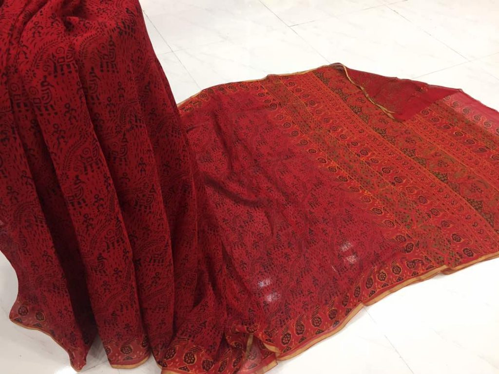 Carmine casual wear chiffon saree with blouse piece
