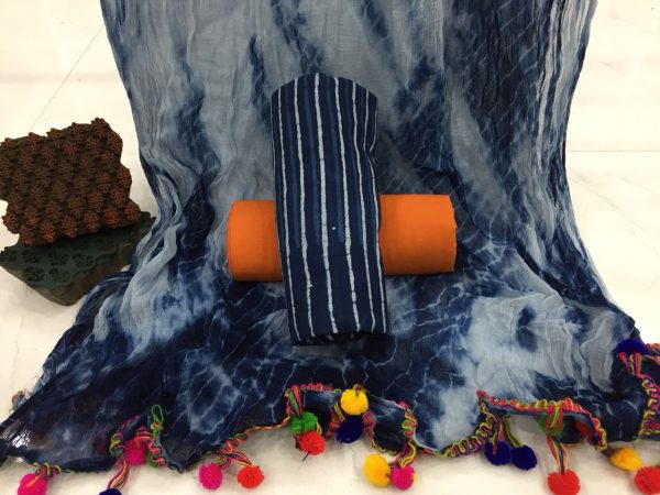 Indigo party wear shibori tei n dye strips print pompom cotton suit