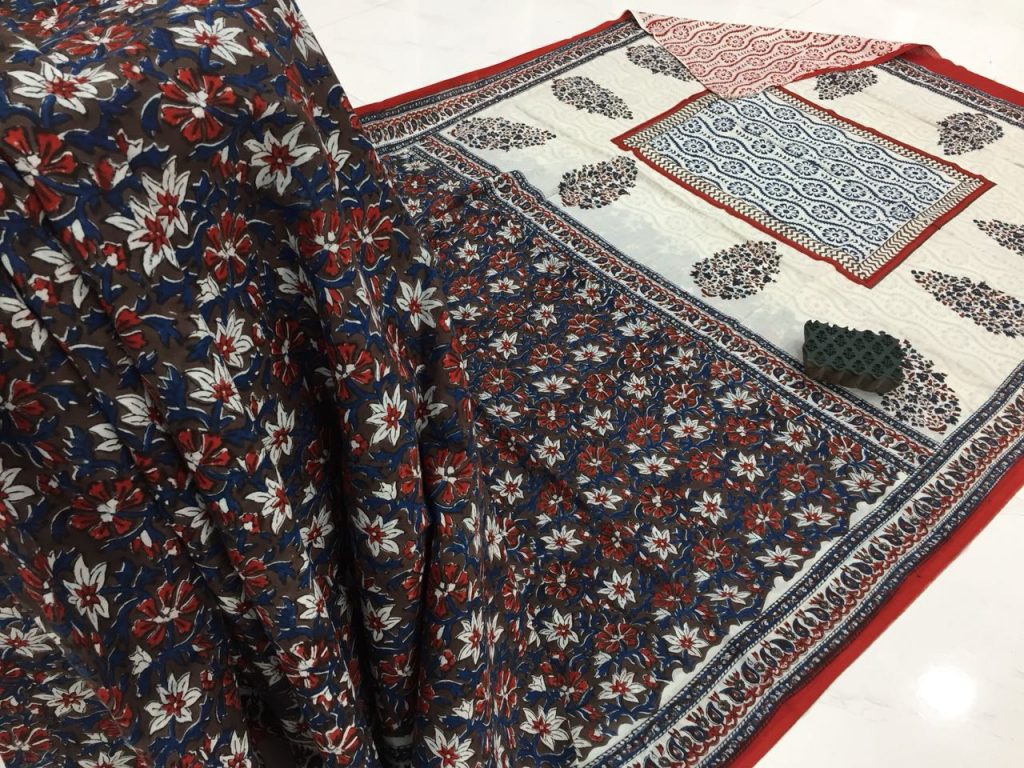 Brown rapid kalamkari print regular wear cotton saree with blouse