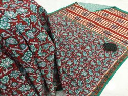 Maroon rapid floral kalamkari print regular wear cotton saree with blouse