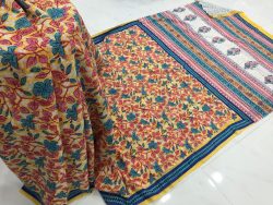 yellow rapid floral kalamkari print regular wear cotton saree with blouse