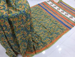 Green rapid floral kalamkari print regular wear cotton saree with blouse