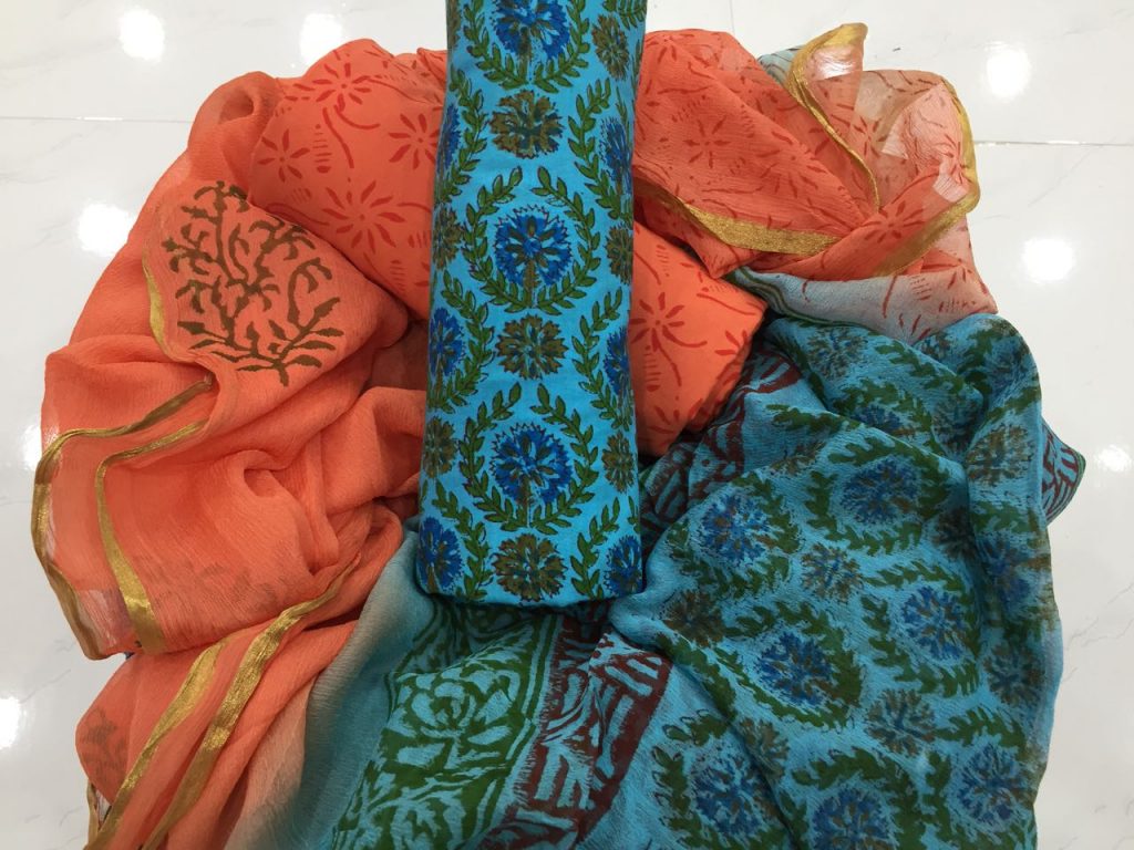 Blue green floral rapid prnit casual wear zari border pure cotton suit