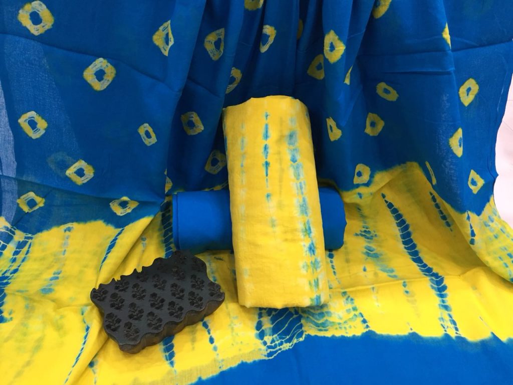 Blue yellow shibori bandhej print casual wear cotton mulmul dupatta suit set