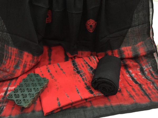 Black red shibori bandhej print casual wear cotton mulmul dupatta suit set