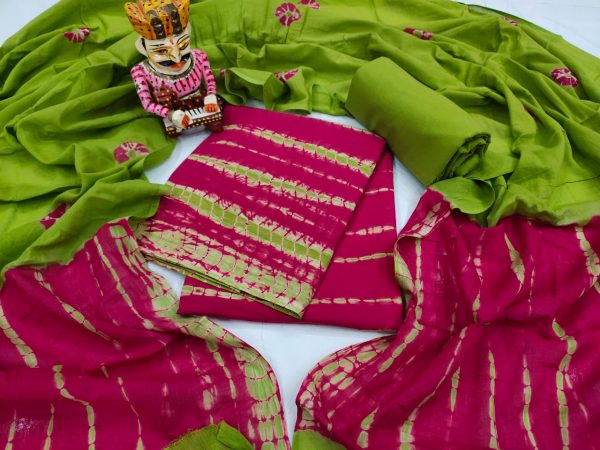 Rose green shibori bandhej print casual wear cotton mulmul dupatta suit set