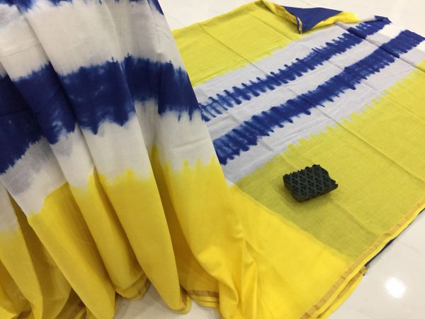 Yellow clamp shibori print casual wear zari border cotton mulmul saree with blouse