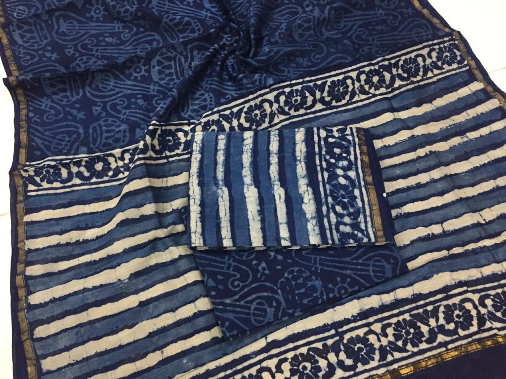 Jaipuri  indigo dabu strips print casual wear chanderi silk suit