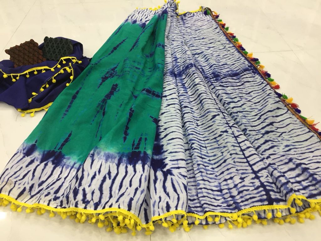 Traditional jade shibori print pompom cotton mulmul saree with blouse