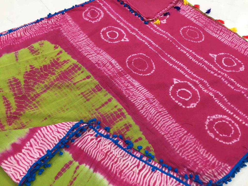 Traditional ruby shibori print pompom cotton mulmul saree with blouse