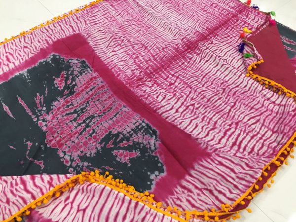 Traditional black shibori print pompom cotton mulmul saree with blouse
