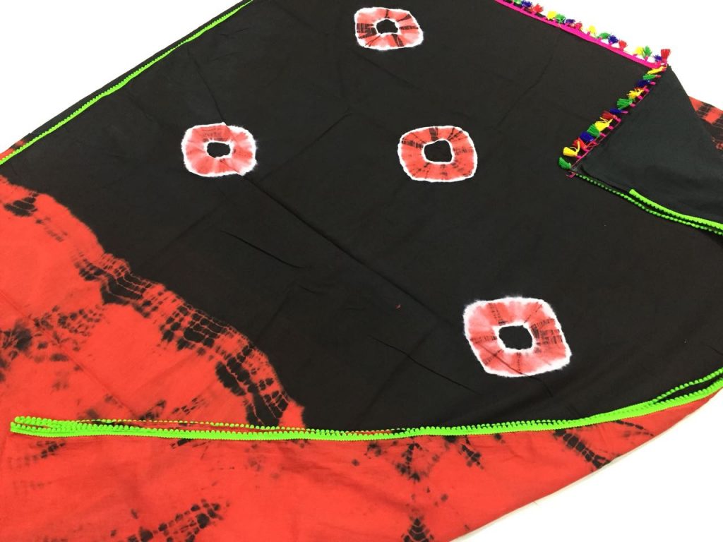 Traditional black red shibori print pompom cotton mulmul saree with blouse