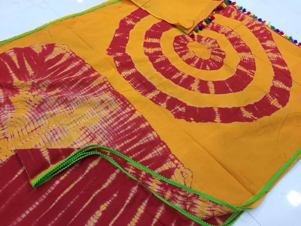 Traditional golden shibori print pompom cotton mulmul saree with blouse