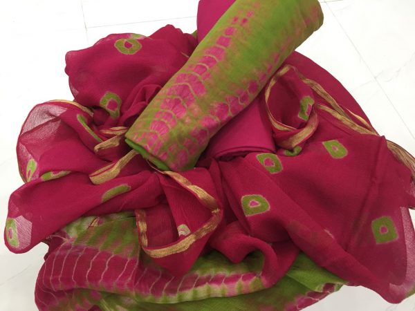 Traditional ruby shibori print casual wear zari border cotton suit set