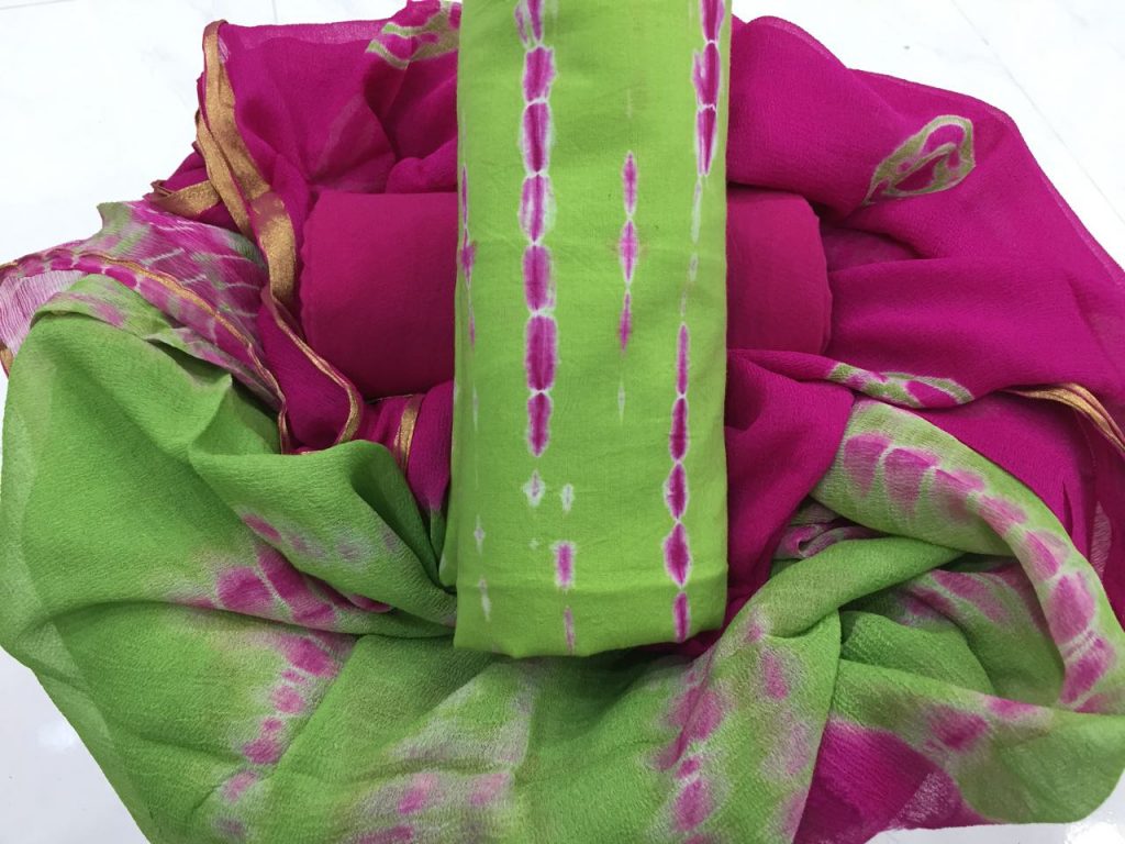 Traditional green shibori print casual wear zari border cotton suit set