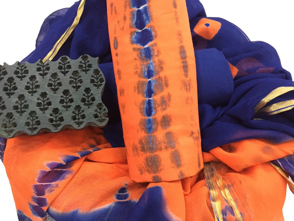 Traditional orange shibori print casual wear zari border cotton suit set