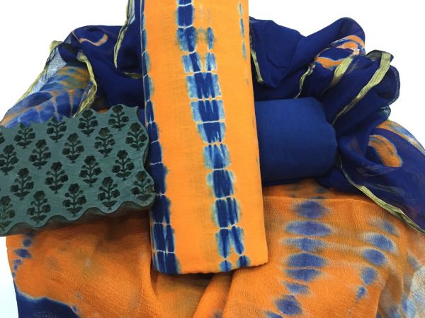 Traditional Orange shibori print casual wear zari border cotton salwar kameez suit set