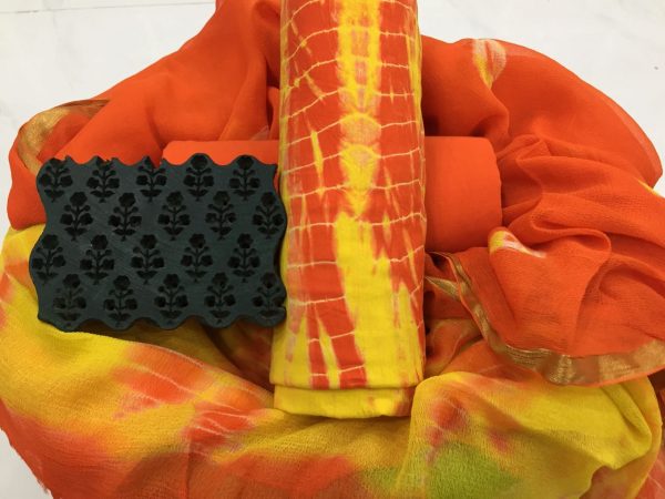 Traditional yellow shibori print casual wear zari border cotton suit set