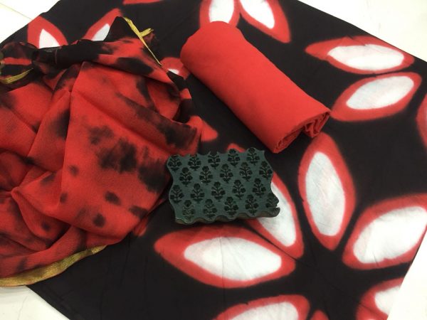 Traditional red black shibori print casual wear zari border cotton salwar suit