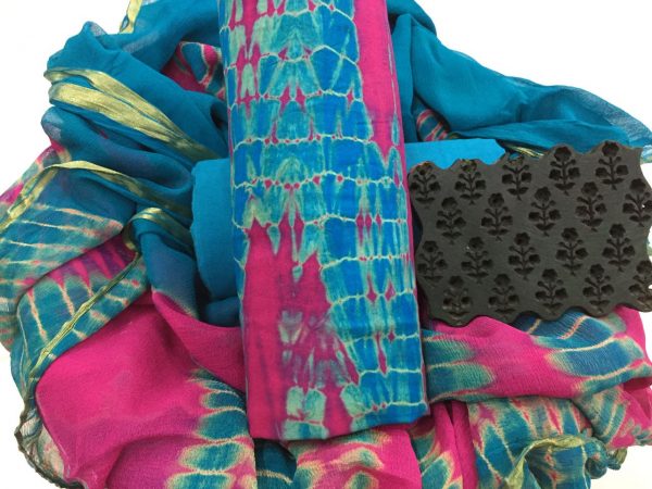 Traditional blue shibori print casual wear zari border cotton salwar kameez suit