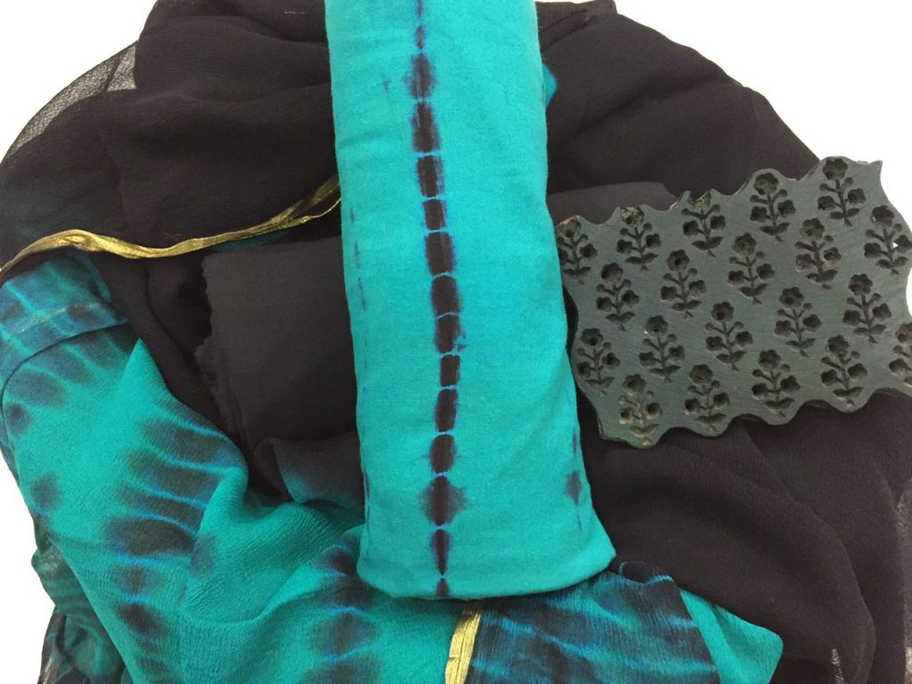 Traditional turquoise shibori print casual wear zari border cotton salwar kameez suit
