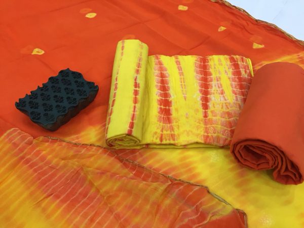 Traditional yellow orange shibori print casual wear zari border cotton suit