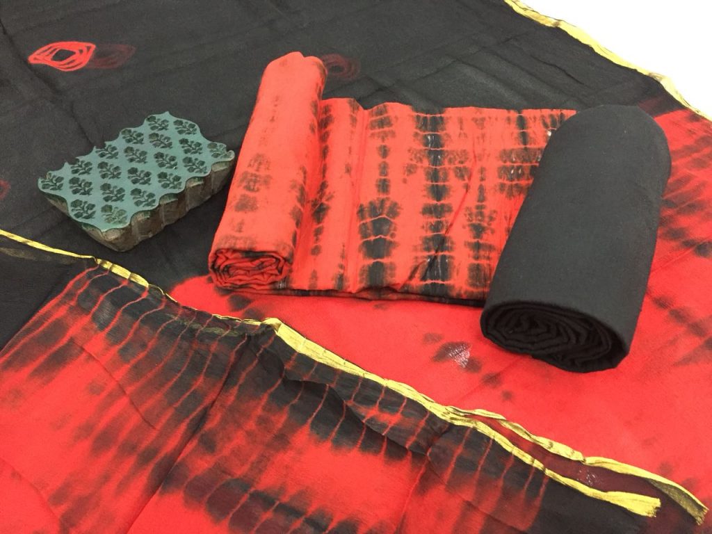 Traditional black red shibori print casual wear zari border cotton suit