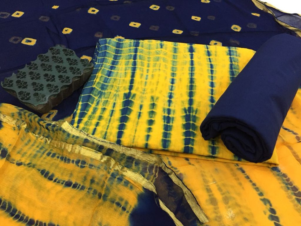 Traditional yellow blue shibori print casual wear zari border cotton suit