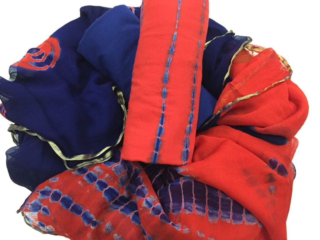 Traditional red shibori print casual wear zari border cotton suit