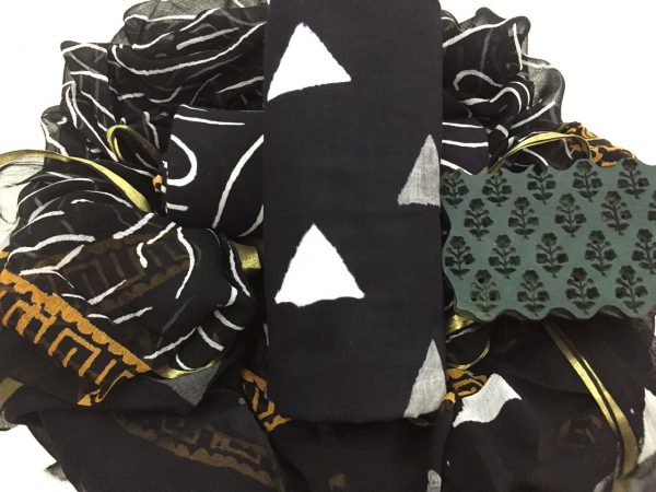 Black jaipuri bagru triangle Print regular wear zari border pure cotton suit
