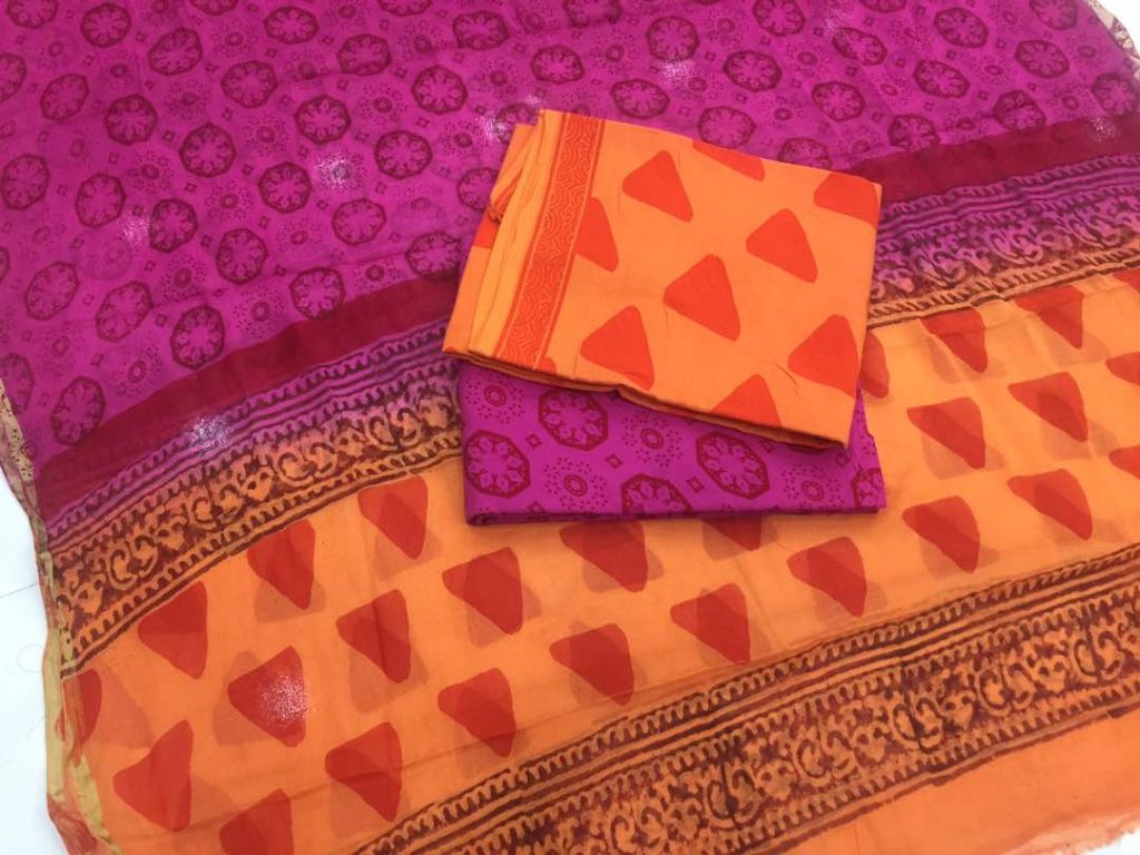 Orange pigment triangle print casual wear zari border pure cotton suit