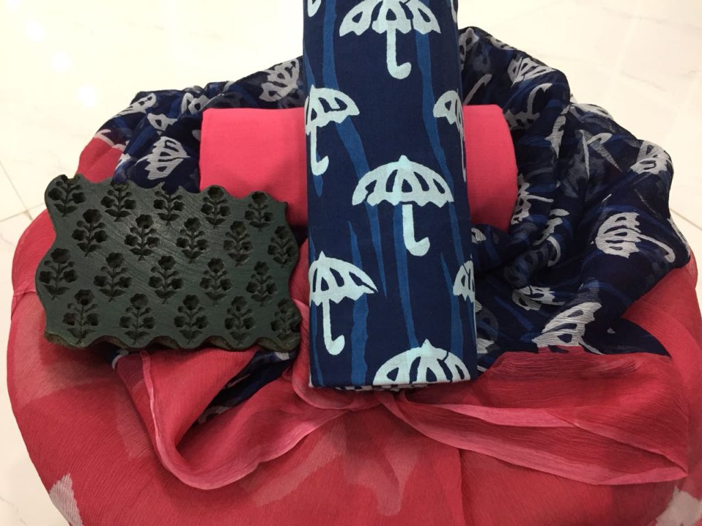 Prussian blue cerise bagru umbrella print cotton salwar kameez with chiffon dupatta