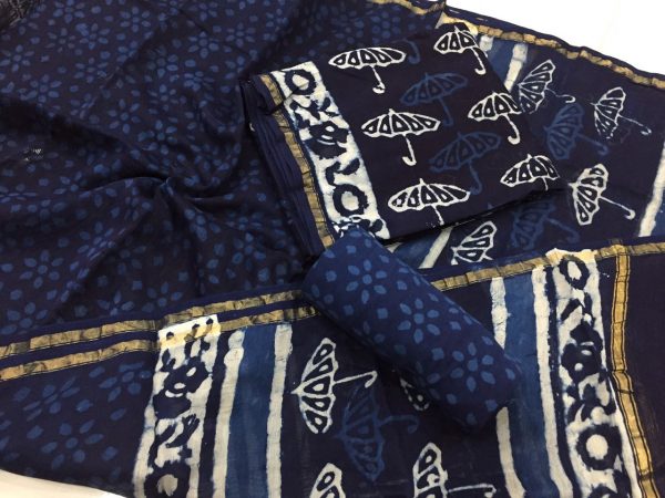 Jaipuri  indigo dabu umbrella print casual wear chanderi silk suit
