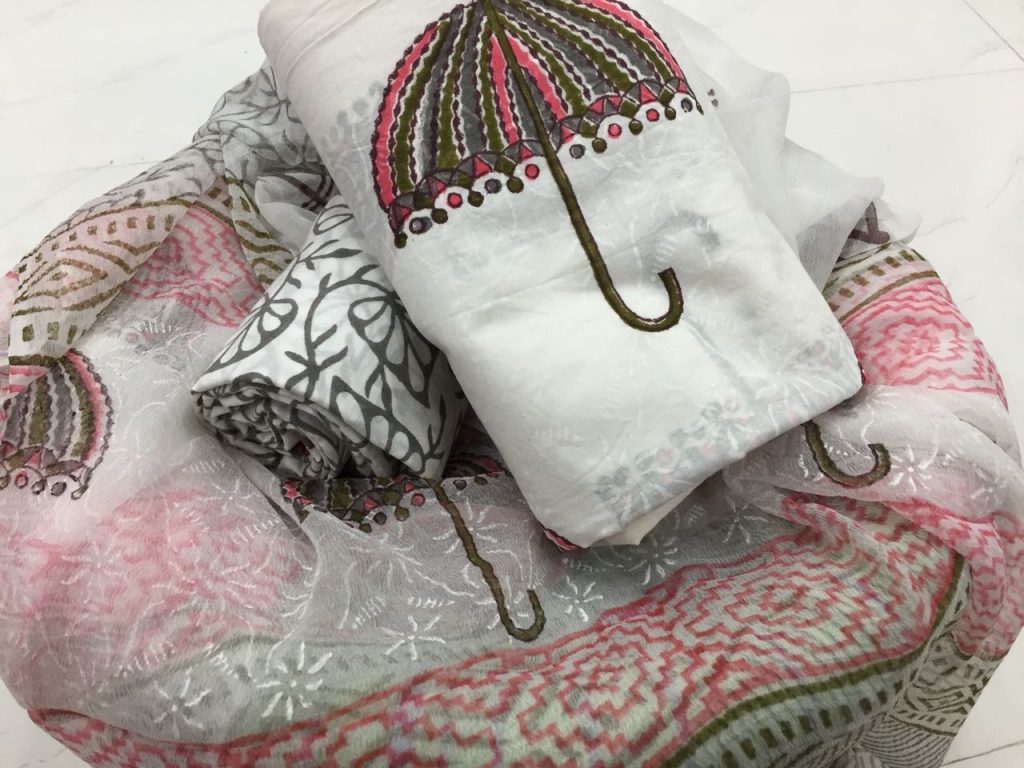 White prussian bagru umbrella print cotton salwar suit with chiffon dupatta