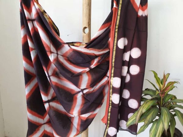 Taupe clamp shibori print casual wear zari border cotton mulmul saree with blouse