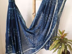 Indigo dabu print daily wear zari border cotton mulmul saree with blouse