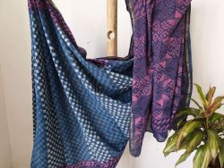 Blue violet bagru print casual wear zari border cotton mulmul saree with blouse
