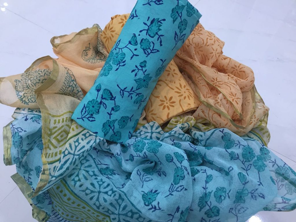 Sky blue booty pigment print casual wear zari border pure cotton salwar suit set