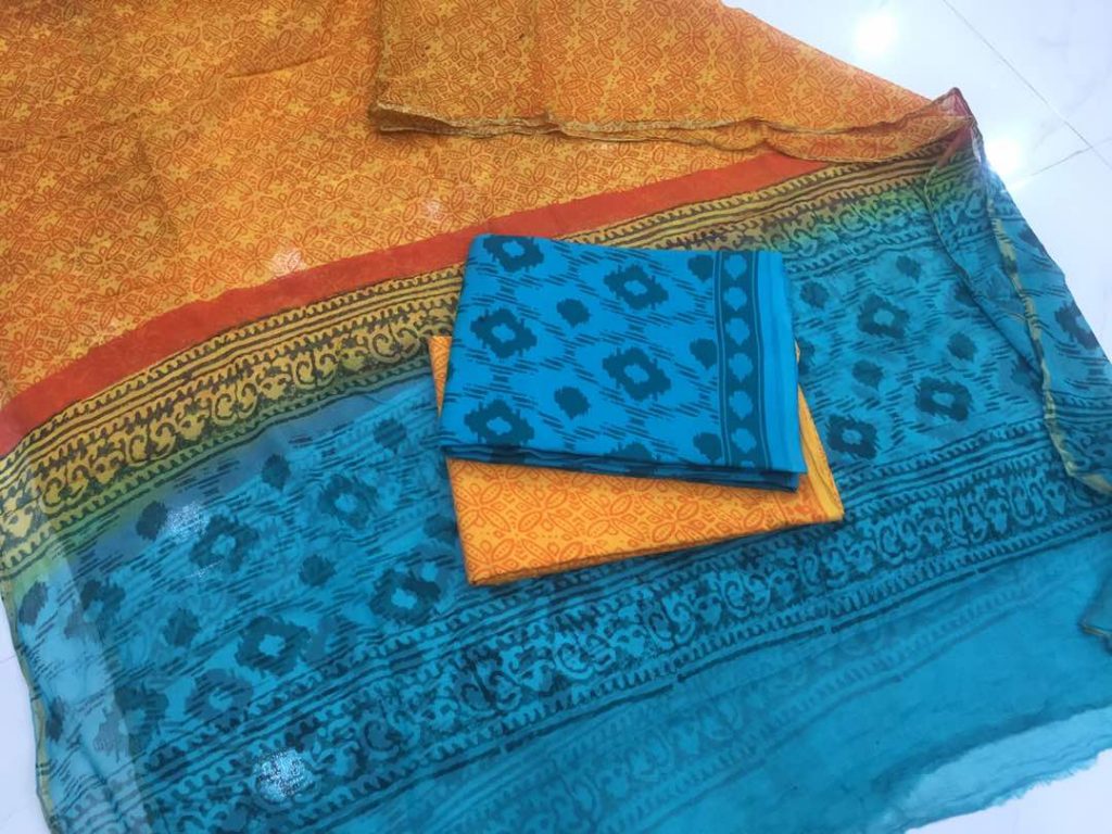 Blue pigment print casual wear zari border pure cotton salwar suit set