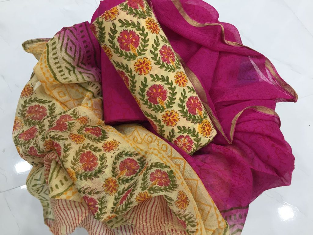 Peach jaipuri bagru floral Print regular wear zari border pure cotton suit