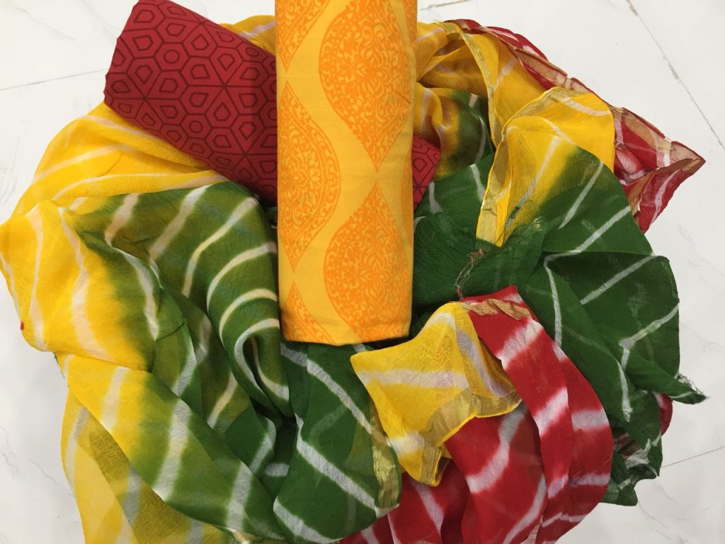 Yellow jaipuri bagru Print regular wear zari border pure cotton suit