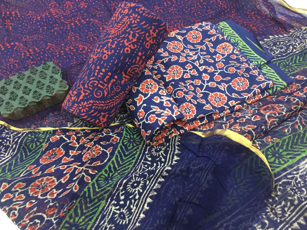 Indigo jaipuri bagru floral Print regular wear zari border pure cotton suit