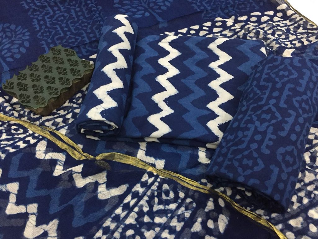 Natural indigo dabu zigzag print office wear zari border cotton salwar kameez set