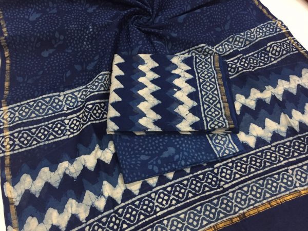 Jaipuri  indigo dabu zigzag print regular wear chanderi  suit