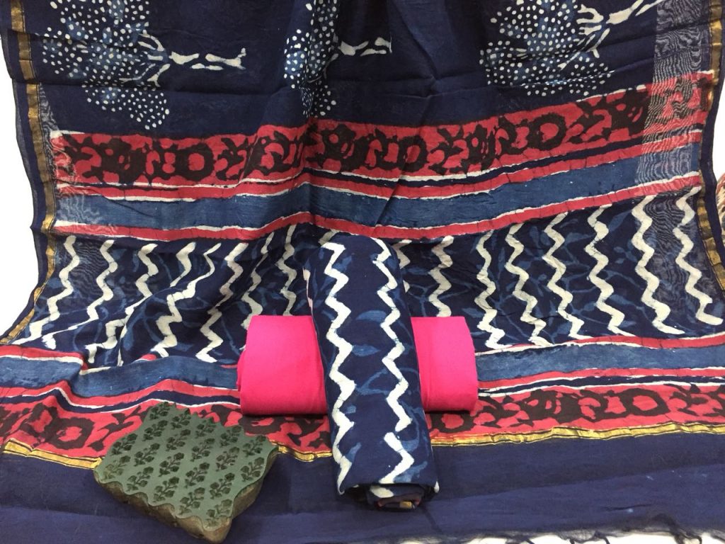 Jaipuri indigo dabu zigzag print regular wear chanderi suit set