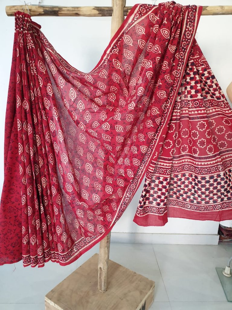 Red bagru booty print cotton mulmul saree